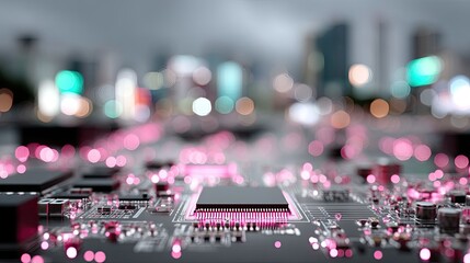 Illuminated Circuit Board with Pink Glow and Cityscape Backdrop
