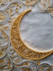 A detailed paper quilling design features a crescent moon shape, intricate swirls, and delicate gold accents against a backdrop of white paper.