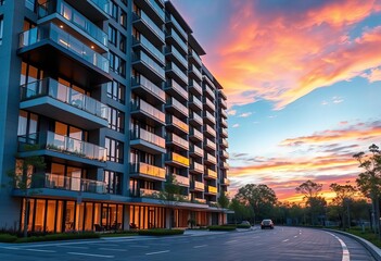 Modern luxury apartment building exterior at sunset, development, glass