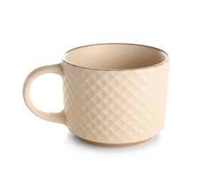 Light ceramic mug on white background