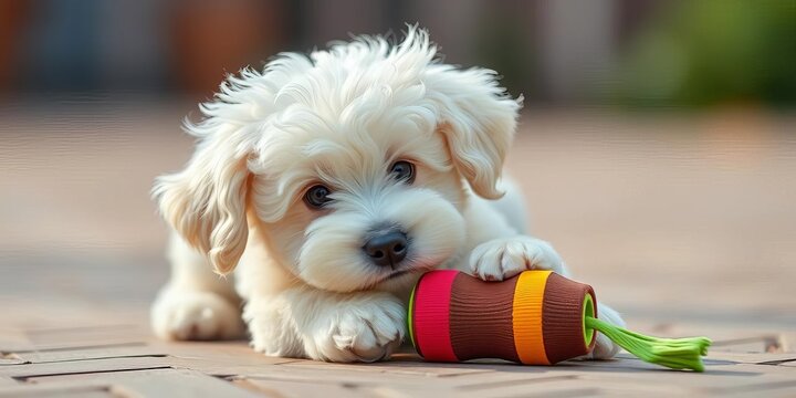 Fluffy white Poodle puppy playing with a toy, eyes wide with joy, caniche toy, paw