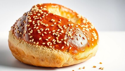 Fototapeta premium Golden-brown simit, sesame seeds, freshly baked, white background, food image, pastry
