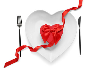 Beautiful table setting with gift box and ribbon on grey background. Valentine's Day celebration