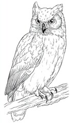 Detailed line drawing of an owl perched on a branch, showcasing intricate feather details and a focused expression.