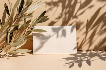 Cream-colored blank card, olive branches, sunlit shadows