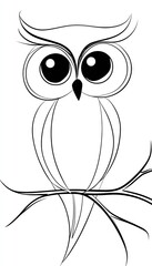 A stylized, black-and-white illustration of an owl with large, expressive eyes, perched on a branch, showcasing intricate line art.