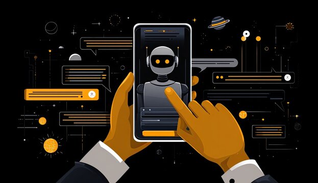 Hands holding smartphone displaying a robot chat interface