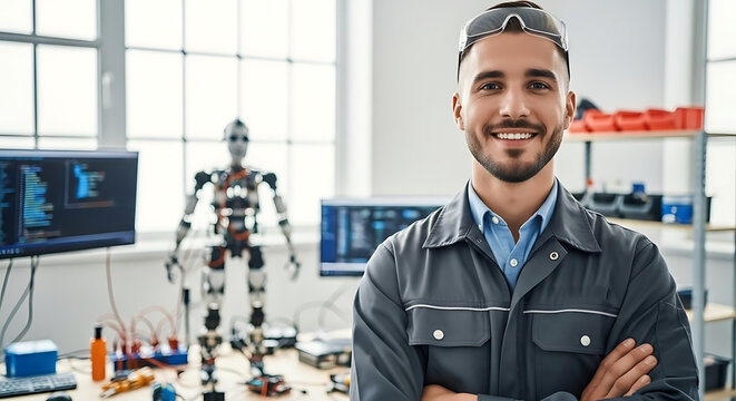 Smiling Robotics Engineer in Modern Lab