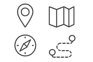 Illustration of navigation icons: a map marker, map, compass, and route. 