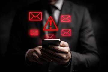 A person in a suit holds a phone, with red email and alert symbols displayed