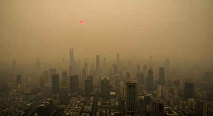 Fototapeta premium Urban Haze A Cityscape Shrouded in Atmospheric Pollution with Diminished Sunlight