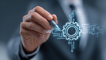 A hand draws a gear graphic overlaid with circuit elements.  Businessperson in suit.  Digital, technology concept
