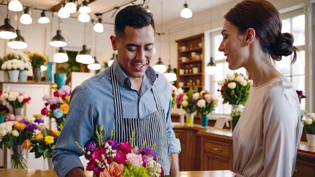 Smiling male florist or small business owner presenting a beautiful, colorful flower bouquet to a female customer inside a bright, modern flower shop, showcasing retail, customer service