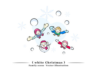 ホワイトクリスマス!降る雪にはしゃぐ親子と雪だるま(俯瞰)｜家族シリーズ