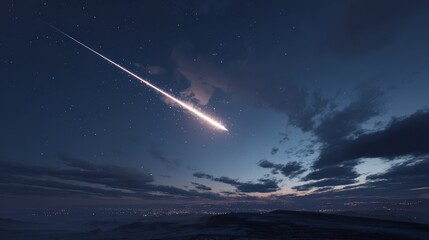 A luminous meteor streaks across a night sky, over a city skyline at dusk.