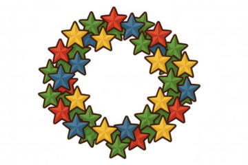 Star wreath frame forming a circle, featuring multi-colored stars in red, yellow, green, and blue. Transparent background