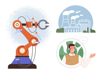 Robotic arm operating, industrial plant emitting smoke, male operator communicating via headset. Ideal for automation, manufacturing, industry 4.0, AI, engineering telecommunication sustainability