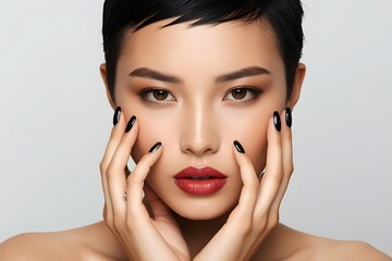 Face of a asian woman with beautiful dark nails and red lips.