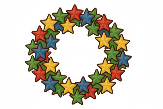 Star wreath frame forming a circle, featuring multi-colored stars in red, yellow, green, and blue. Transparent background