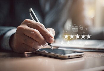 Businessperson reviews product on smartphone