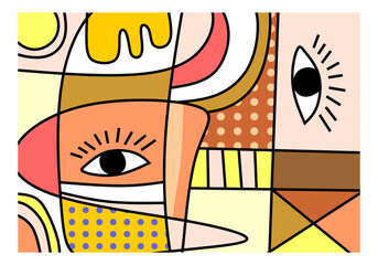 Vector geometric illustration of bright shapes  spots  objects  line  eye  portrait  abstract  pattern  nature for poster  background