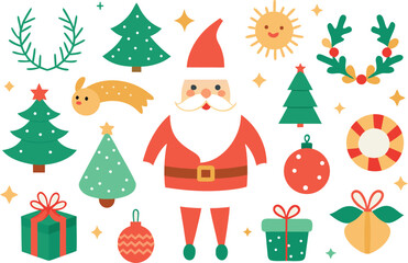 Festive christmas collection vector illustration santa reindeer trees gifts ornaments icons eps vector