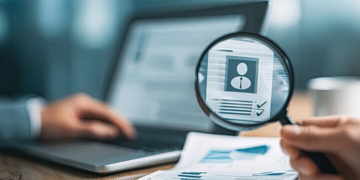 Close-up of a magnifying glass focused on a person icon on a document, over a laptop and paperwork.  A person's hand holds the magnifier, and another person's hand is on the laptop keyboard