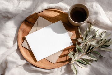 Blank card, envelopes, and teacup on wooden tray, natural light