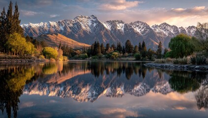 Serene mountain lake at dawn, mirrored reflections