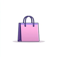 Pink shopping bag with purple handles.  Simple, flat design of a light-pink paper shopping bag with purple handles and a folded-over bottom.  Soft drop shadow suggests a three-dimensional quality