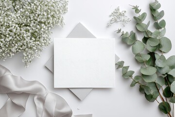 Blank card, gray envelopes, flowers, eucalyptus.  Elegant, minimalist, stationery