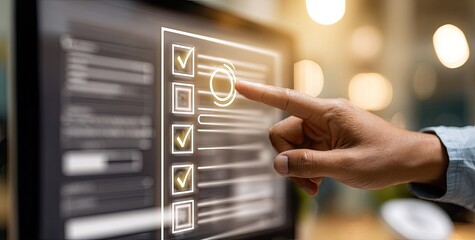A hand touches a glowing checklist on a computer screen
