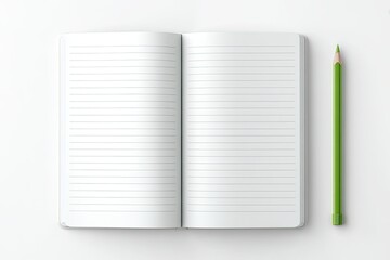 Open notebook with lined pages and a green pencil