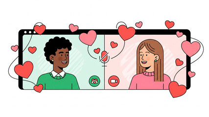 Two people connect virtually on a tablet surrounded by hearts for a romantic online date or long distance relationship communication.