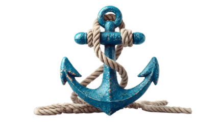 Weathered ship anchor with rope isolated on transparent background