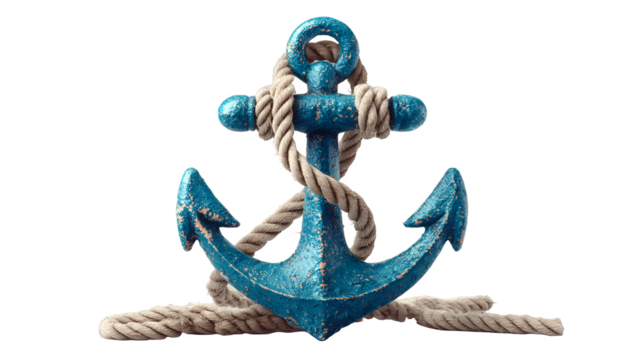 Weathered ship anchor with rope isolated on transparent background