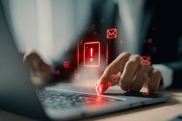 Hands typing on laptop with red alert symbols