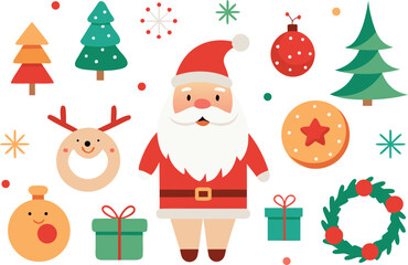 Festive santa claus reindeer christmas tree ornaments gifts wreath vector illustration vector