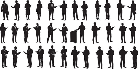 Business people silhouette collection, office posture, professional gestures, presenting and discussing ideas, black vector set.eps