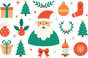 Festive christmas collection vector illustration santa claus reindeer trees gifts ornaments icons eps vector