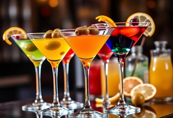 Elegant martini glasses filled with colorful cocktails, garnished with olives and citrus twists, olives, cocktail shaker
