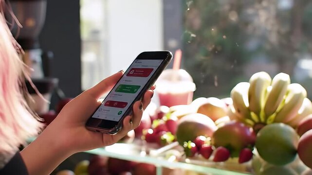 Woman Browsing Healthy Food Options on Mobile App at Outdoor Cafe Counter