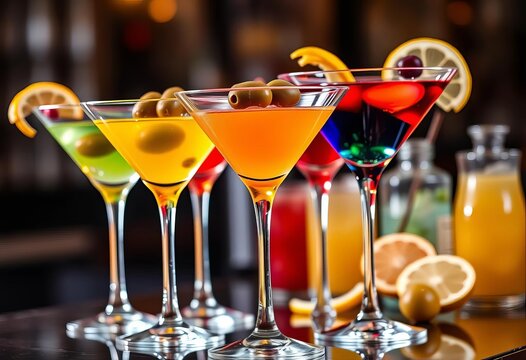 Elegant martini glasses filled with colorful cocktails, garnished with olives and citrus twists,  olives,  cocktail shaker