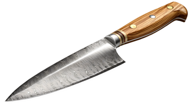 Damascus steel chef’s knife isolated on transparent background