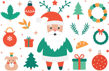 Festive christmas collection vector illustration of santa claus reindeer and ornaments eps vector