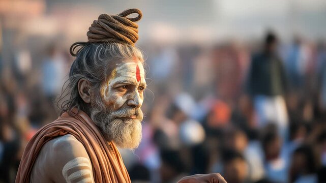 A close-up portrait of an Indian holy man, a Sadhu, with a long beard and traditional face paint, looking contemplative amid a crowd
