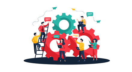 Naklejka premium Vector illustration of a business team collaborating, people working with a giant gear mechanism for a project management workflow concept.