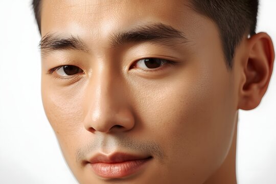 Facial close up of a half attractive asian man face isolated on a white background