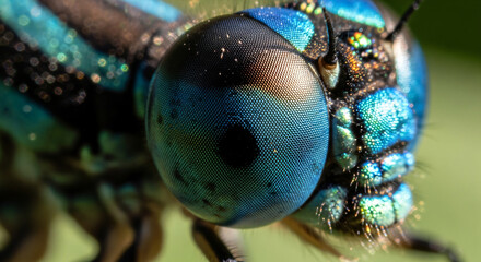 Extreme close-up macro photograph revealing the intricate, iridescent blue and green compound eyes of a dragonfly, showcasing its detailed segmented head and fuzzy body.