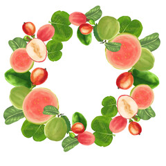 Fresh summer fruits and vegetables border frame with apples, strawberries, carrots, and tomatoes for a healthy vegetarian food collection